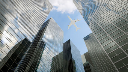 3D rendering glass buildings with air plane on blue sky background.