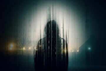 A double exposure of a Silhouette of a mysterious hooded figure without a face, in a city at night. With a glitch, edit - obrazy, fototapety, plakaty