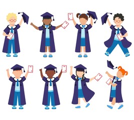 A group of happy students, graduates with diplomas. The concept of ceremony. Graduation ceremony. Graduating class. School. College. Institute. Flat drawing. Ethnicity. For web design
