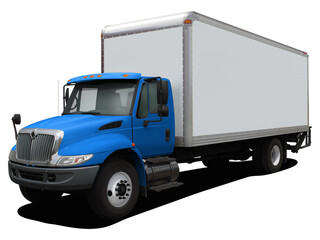 Modern delivery truck with a blue cab. Front side view isolated on white background.