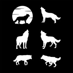 Wolf Silhouette Set, Wolves Howl At Full Moon