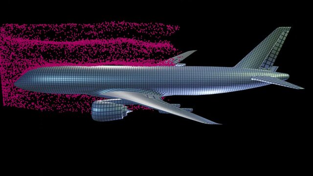 Air flow around airplane body. Vertical positioned particles flowing left to right  . Profile side view. Top to bottom camera  movement . 3d animation simulation