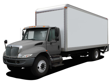 Modern delivery truck with a gray cab. Front side view isolated on white background.