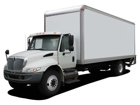 The modern delivery truck is completely white. Front side view isolated on white background.