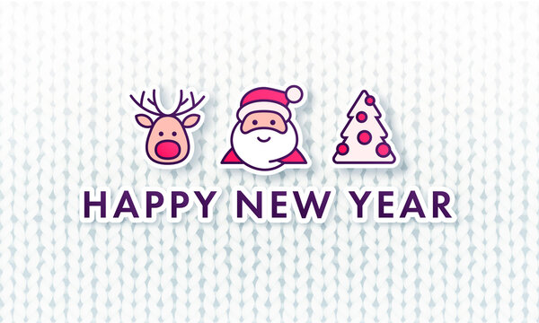 New year horizontal banner with santa claus head, rudolf head and christmas tree. Vector illustration