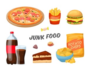 Fast foods set, vector illustration. Junk food design elements isolated on white. Unhealthy nutrition, fat eating