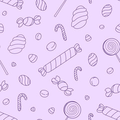 Seamless vector pattern with sweets and candy. Line objects. Purple palette. Cute hand drawn Halloween background for kids room decor, packaging, wrapping paper, textile, print, fabric, wallpaper.