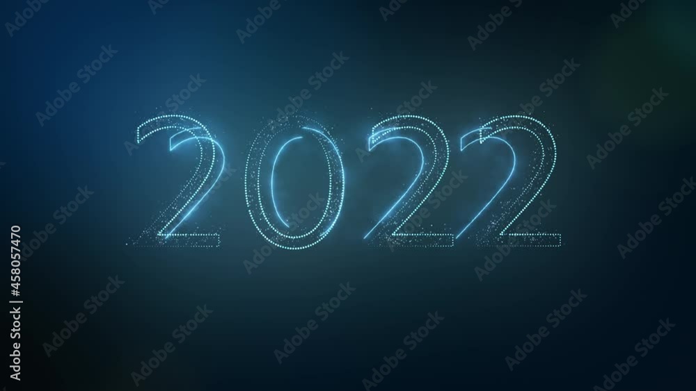 Poster happy new year 2022. number 2022 form by glow blue sparkling sparklers particle and glow neon light,