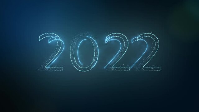 Happy New Year 2022. Number 2022 form by glow blue sparkling sparklers particle and glow neon light, copy space for text.
