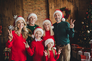 Photo of family friends small childhood grandchildren pensioner retired grandparents noel wear santa claus hat v-sign xmas indoors in house