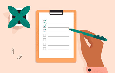 Clipboard with a checklist on a white sheet of paper. Hand holding a pen and writing. Check list, to do, questionnaire concept. Document on the desk. Top view. Isolated flat vector illustration - obrazy, fototapety, plakaty