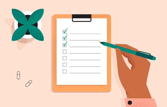 Clipboard with a checklist on a white sheet of paper. Hand holding a pen and writing. Check list, to do, questionnaire concept. Document on the desk. Top view. Isolated flat vector illustration