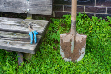 Gardening Tools. Agricultural concept. Farming season. Garden shears and shovel