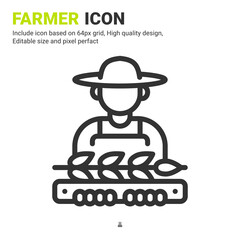 Farmer with wheat icon design outline style isolated on white background. Vector illustration peasant sign symbol icon concept for digital farming, industry, business, agriculture, apps and project