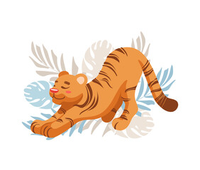 Obraz premium Cute tiger stretches. Big cat. Childrens vector illustration in cartoon style. For nursery, posters, stickers, postcards, prints on t-shirts. International Tiger Day. Symbol Chinese New Year 2022.