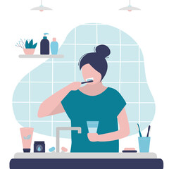 Girl brushing teeth in bathroom. Female character holding toothbrush and toothpaste. Woman monitors oral hygiene