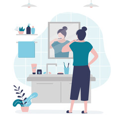 Girl brushing teeth in bathroom. Female character holding toothbrush and toothpaste. Woman monitors oral hygiene
