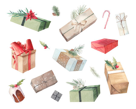 Watercolor Christmas presents. Hand drawn gift boxes isolated on white background. Set of holiday objects