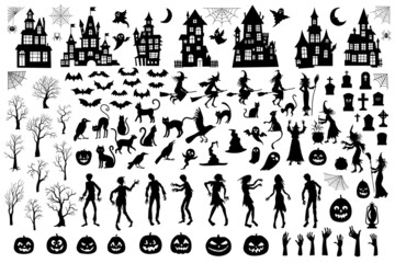 Fototapeta na wymiar Set of silhouettes of Halloween on a white background