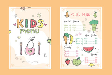 Two colourful cards, template for children menu. Hand drawn fruits, vegetables with funny faces. Name of dishes and prices. Baby food menu mockup. Doodles of various organic food.