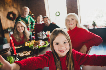 Fototapeta premium Self-portrait of attractive elderly cheerful family wife husband eating tasty dishes having fun xmas day at home house indoors
