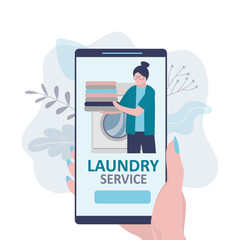 Woman orders of dry cleaning service by smartphone. Online laundry service on phone screen.