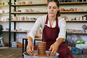 female ceramist artisan works behind potter's wheel and sculpts handmade earthenware