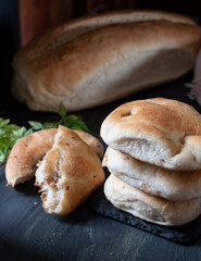 Cakes with chicharrones. Concept of traditional food from Argentina based on flour and frying of pork with skin.

