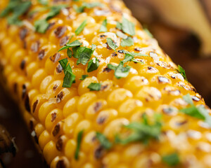Corn on cob macro close up with grill marks and herbs