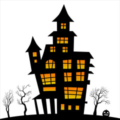 Illustration of silhouette a scary house. Halloween haunted house
