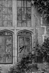 Beautiful landscape image of old historic medieval building detail being reclaimed by nature with plants growing over walls and windows in English country garden