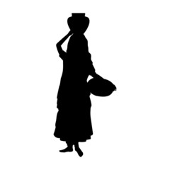Silhouette Indian woman carrying jug on her head and basket in her hand - obrazy, fototapety, plakaty