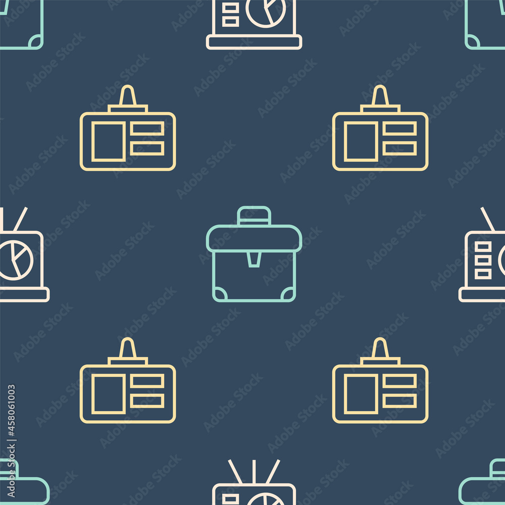Poster set line board with graph, identification badge and briefcase on seamless pattern. vector