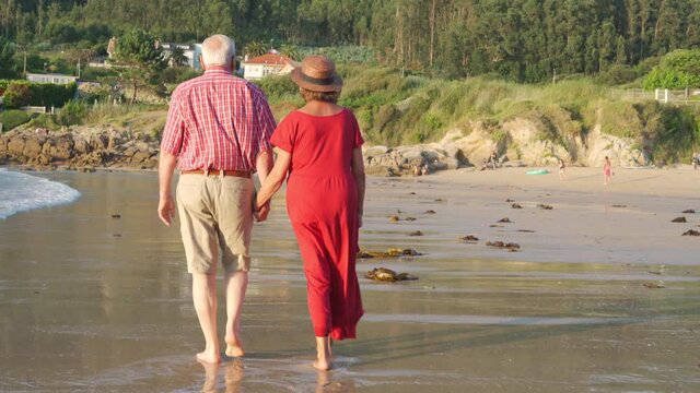 Anonymous senior couple standing on beach by waving sea