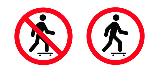 No skateboarding. Stop do not skateboard zone pictogram. Forbidden for Skateboards icon. Forbid depicting banned activities. Stop halt allowed, no ban signboard. Flat vector hurry symbol. Walk slowly.