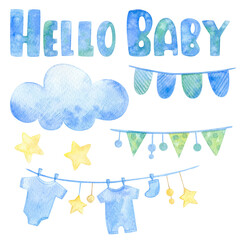 Watercolor illustration. Newborn baby boy set. Elements for baby shower isolated on white background.