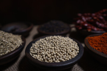 White pepper of spices in earthenware jar with burlap base