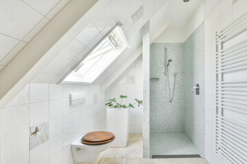 Contemporary bathroom interior with shower room in attic