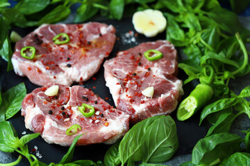 Raw steaks with basil and spices. Grill steaks.