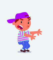 Very angry cartoon character of little boy on jeans pointing at something at side.