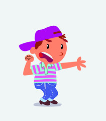 Very angry cartoon character of little boy on jeans pointing at something.
