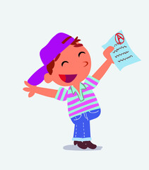 very happy cartoon character of little boy on jeans with a exam in hand.