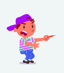 angry cartoon character of little boy on jeans with pencil points to the side.