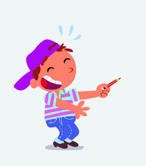 cartoon character of little boy on jeans laughs while pointing to the side with a pencil.