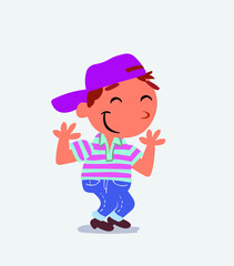 cartoon character of little boy on jeans shrinks somewhat shy.