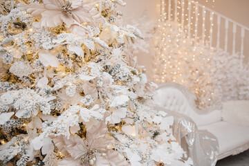Christmas light background, macro photo snowflake with glass crystal details on white tree, blurred bokeh