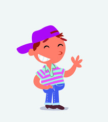 cartoon character of little boy on jeans waving informally while laughing.