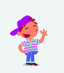 cartoon character of little boy on jeans waving informally while smiling.