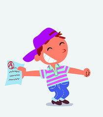 happy cartoon character of little boy on jeans rejoices with exam in hand.
