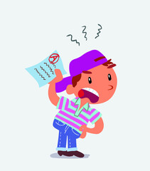 little boy on jeans waving a exam angrily.